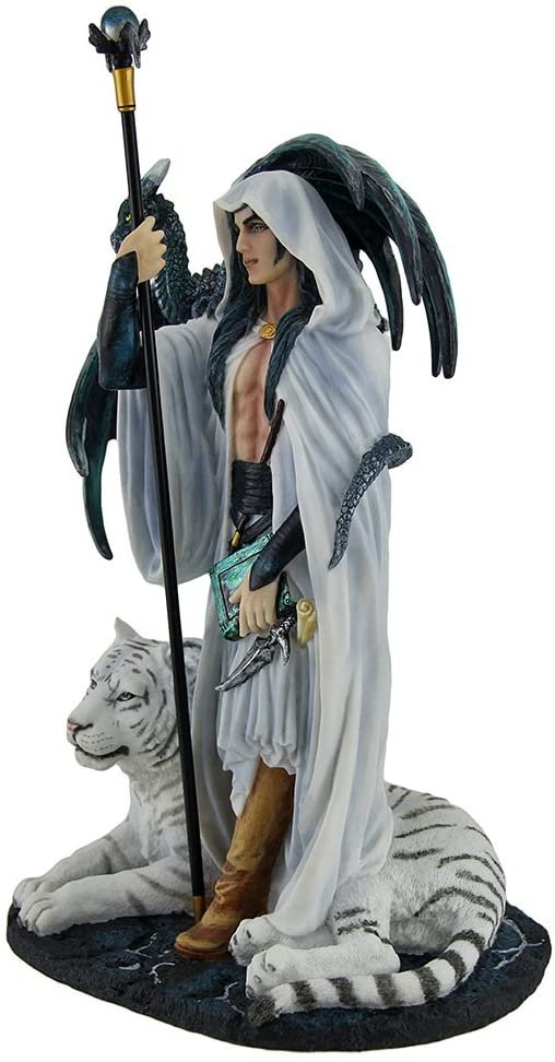 Magic  Collection~Arcana The Magi by Ruth Thompson White Wizard with Tiger and Dragon Statue