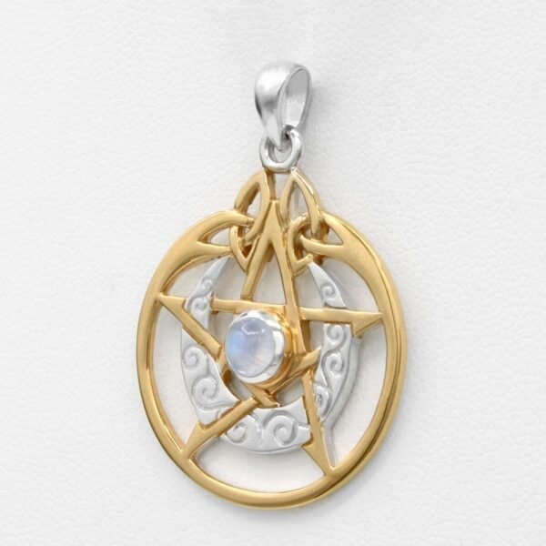 Sterling Silver 14k Gold Plated Crescent Moon Pendant Pentacle with Natural Rainbow Moonstone