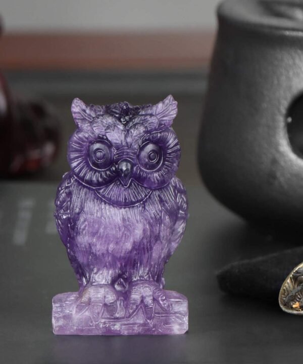 Magic  Collection~Artistone 2.0" Amethyst Owl, Hand Carved Gemstone Fine Art Sculpture, Reiki Healing Stone Statue，Attract All The Aura Around