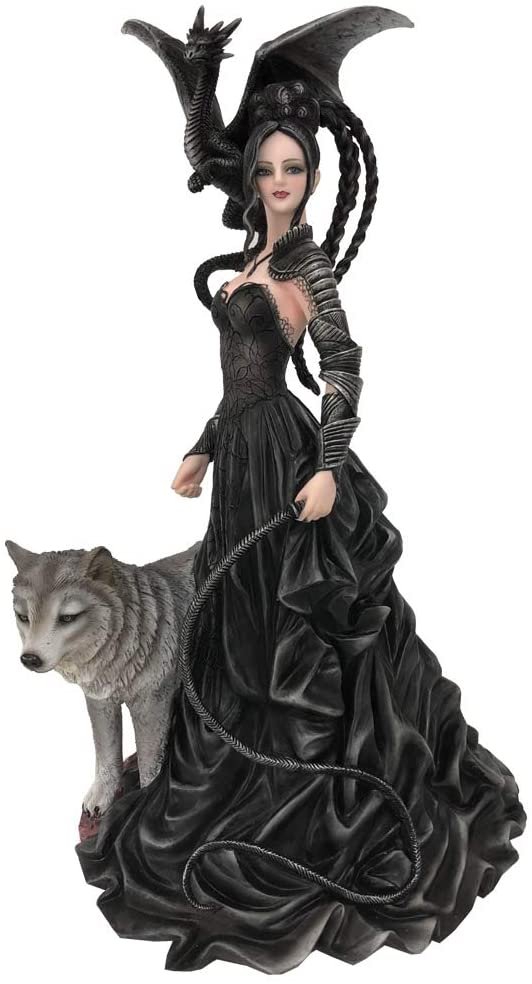 Magicun N.Giftware~Nene Thomas Bellamaestra Dragonling and Wolf Companion Figurines, Polyresin, Black, One Size