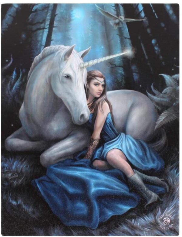 Blue Moon - Magical Unicorn by Artist Anne Stokes - Canvas Picture on Frame Wall Plaque / Wall Art