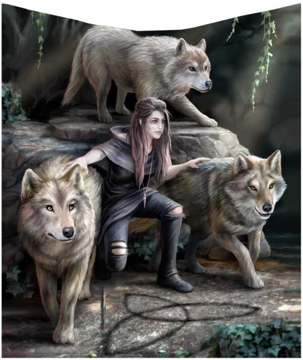 Artist Collections~ Anne Stokes Power of Three Wolf Guardian Throw Blanket, Polyester, Brown, 160cm