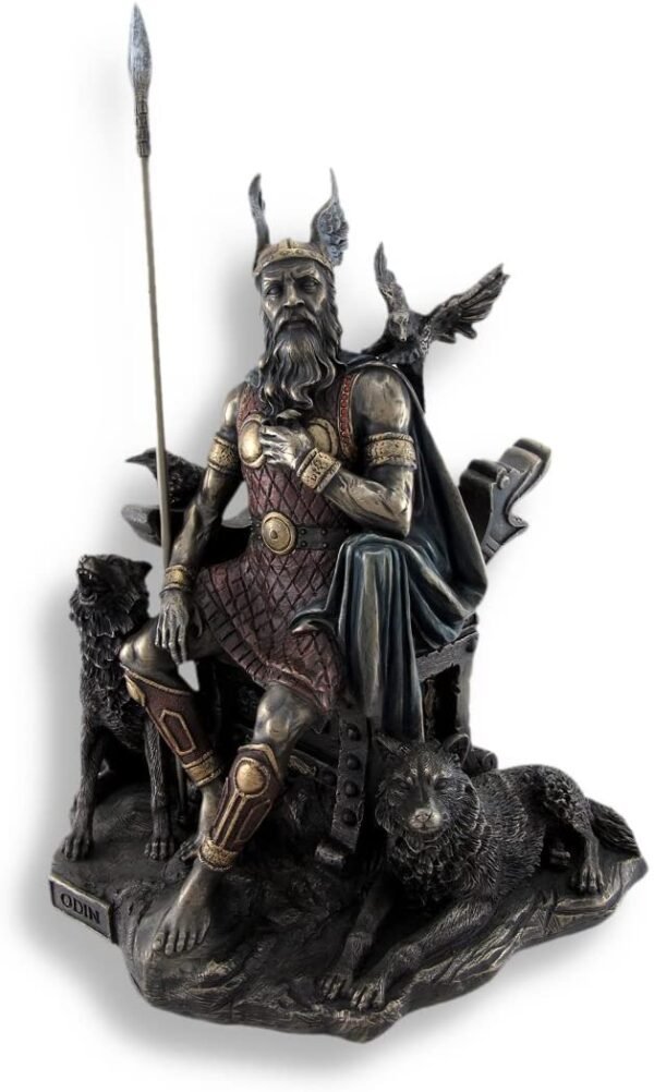 Magic  Collection~Bronzed Norse God Odin on Throne with Ravens and Wolves Statue