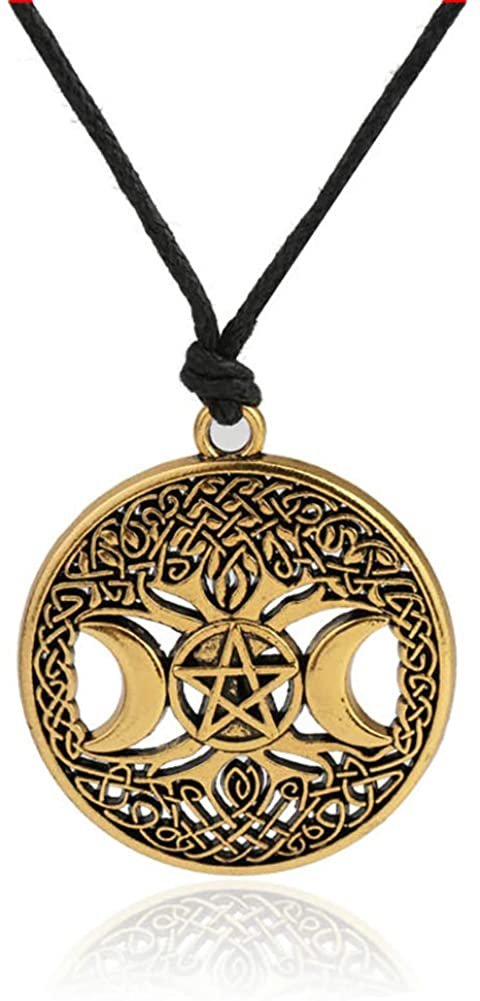 Witchcraft~MIXIA Celttic Knot Triple Moon Pentagram Pentacle Star Wicca Pendant Necklace Round Pagan Jewelry