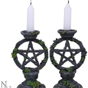 Wiccan Collection~Wiccan Pentagram Candlesticks Set of Two Candle Holder 15cm Black, Resin