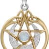 Sterling Silver 14k Gold Plated Crescent Moon Pendant Pentacle with Natural Rainbow Moonstone