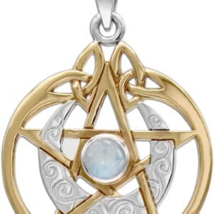 61Obc9IPkGL._AC_SL1200 Sterling Silver 14k Gold Plated Crescent Moon Pendant Pentacle with Natural Rainbow Moonstone