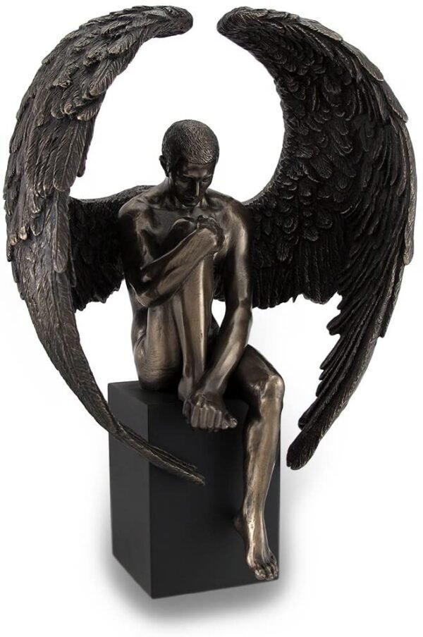 Magic  Collection~Resin Sculptures Bronze Finished Pensive Male Angel Statue On Black Base 7 X 10 X 4 Inches Bronze