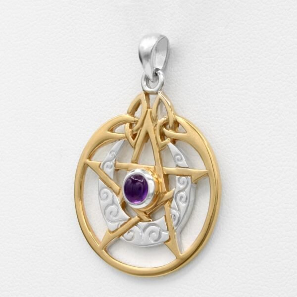 Sterling Silver 14k Gold Plated Crescent Moon Pendant Pentacle with Natural Amethyst