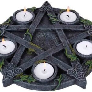 Wiccan Collection~B2538G6 Wiccan Pentagram Tealight Holder 25.5cm Black, Resin