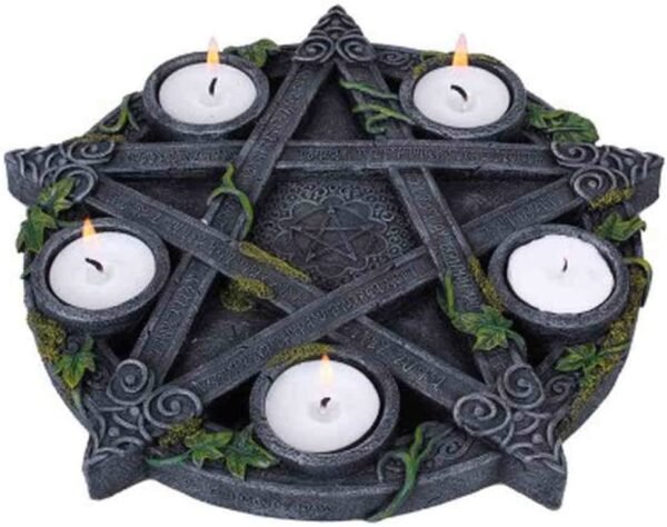 Wiccan Collection~B2538G6 Wiccan Pentagram Tealight Holder 25.5cm Black, Resin