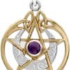 Sterling Silver 14k Gold Plated Crescent Moon Pendant Pentacle with Natural Amethyst