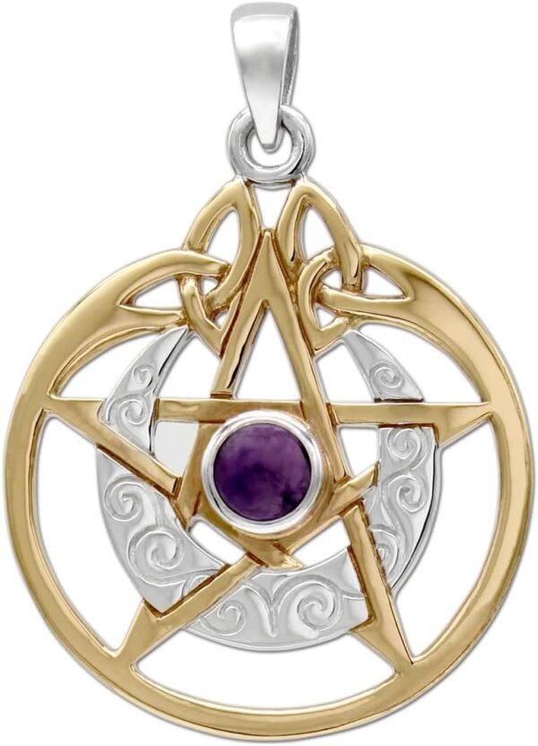 Sterling Silver 14k Gold Plated Crescent Moon Pendant Pentacle with Natural Amethyst