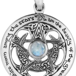 Dryad Design Sterling Silver Cut Out Moon Pentacle Pendant with Natural Rainbow Moonstone; 1 Inch Diameter