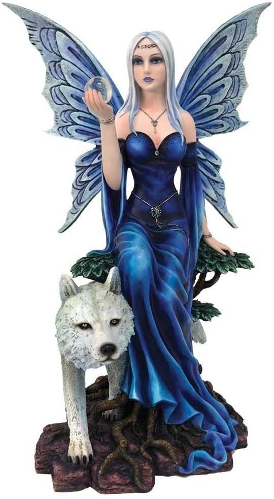 Fantasy Collection~ D4991R0 Talanoa Blue Fairy and White Wolf Companion Figurine, Polyresin, 49cm