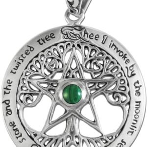 Sterling Silver Extra Large Cut Out Tree Pentacle Pendant with Simulated Malachite