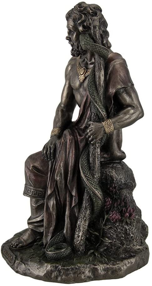 Magic  Collection~Asclepius Greek God of Medicine Holding Serpent Entwined Staff Bronzed Statue
