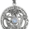 Sterling Silver Large Moon Goddess Wiccan Pentacle Pendant Natural Rainbow Moonstone; 1.25 Inch Diameter