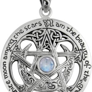 61TWOg_IJKL._AC_SL1000 Sterling Silver Large Moon Goddess Wiccan Pentacle Pendant Natural Rainbow Moonstone; 1.25 Inch Diameter
