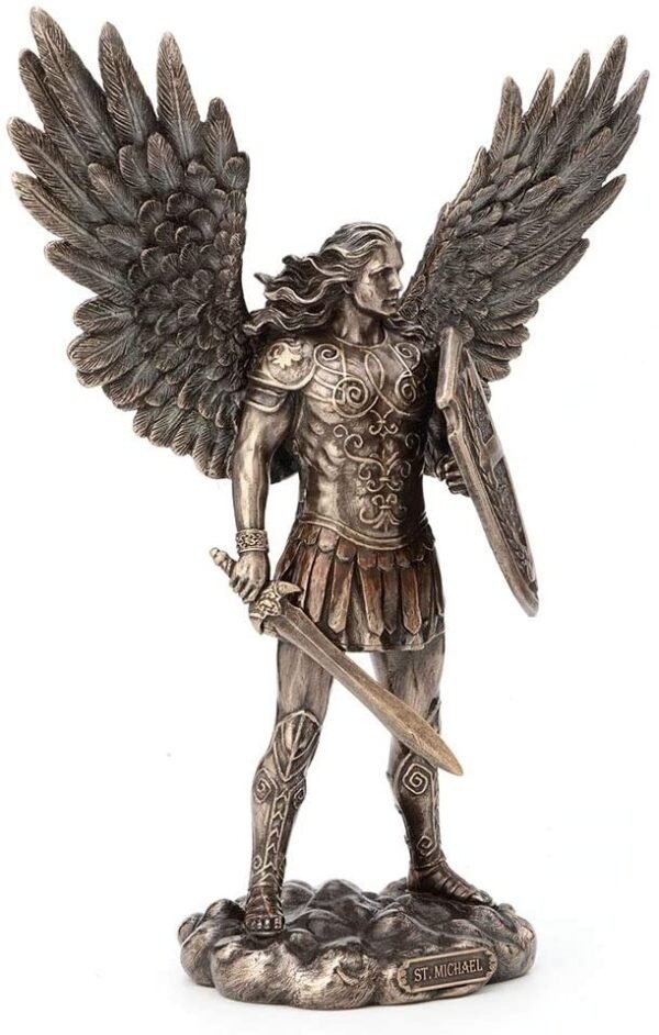 Magic  Collection~11 Inch Saint Michael Archangel with Battle Shield and Sword Cold Cast Resin Material Antique Bronze Finish Angel Statue