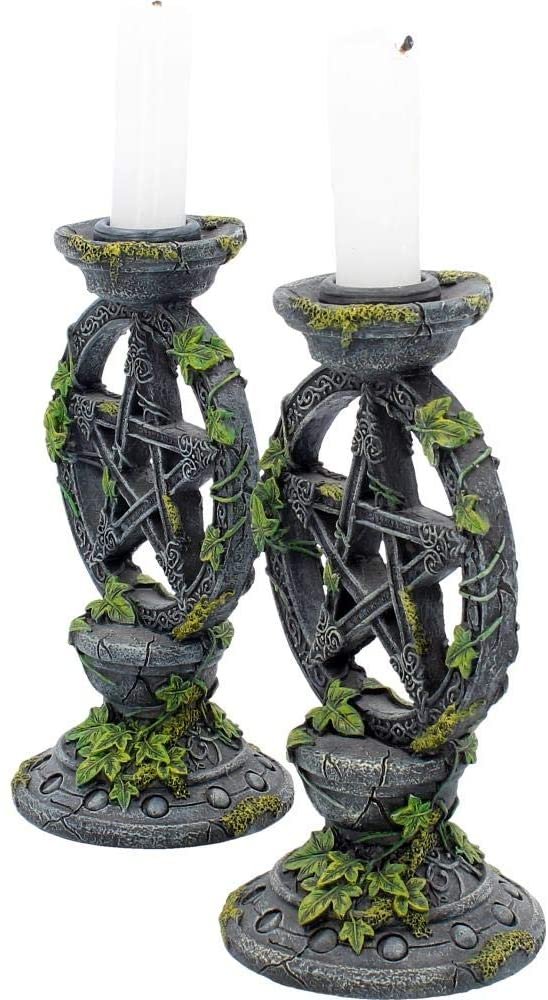 Wiccan Collection~Wiccan Pentagram Candlesticks Set of Two Candle Holder 15cm Black, Resin