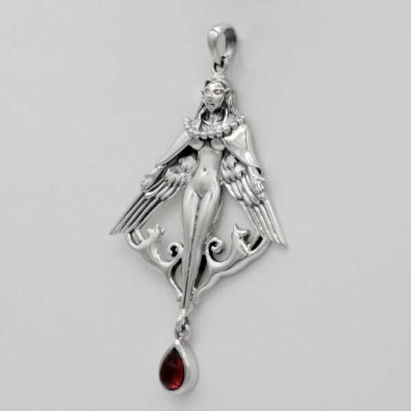 Sterling Silver Norse Goddess Freya Pendant with Natural Garnet