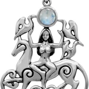 61VLfOHNTGL._AC_SL1200 Sterling Silver Celtic Rhiannon Horse Goddess Pendant with Natural Rainbow Moonstone