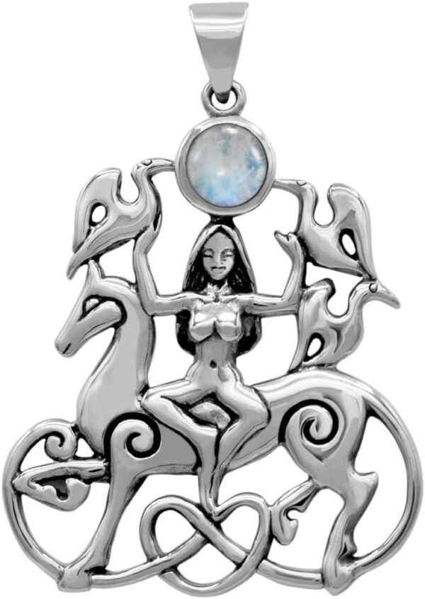 Sterling Silver Celtic Rhiannon Horse Goddess Pendant with Natural Rainbow Moonstone