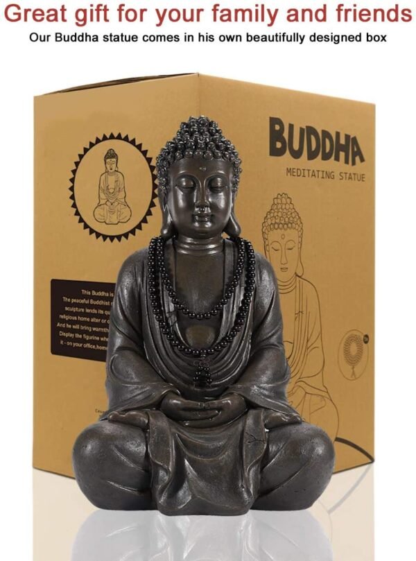 Magic  Collection~LIMEIDE Meditating Zen Buddha Statue Figurine Sitting Sculpture Decoration, Art Decoration with Natural Wood Beaded Necklace, Polyresin, Antique Bronze Look(17 Inch)