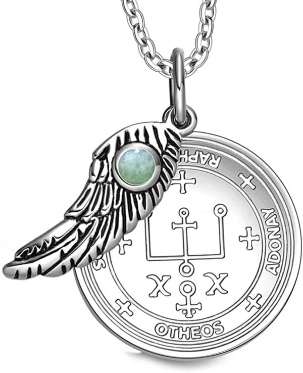 Witchcraft~Archangel Raphael Sigil Amulet Magic Powers Angel Wing Charm Green Quartz Pendant 18 Inch Necklace