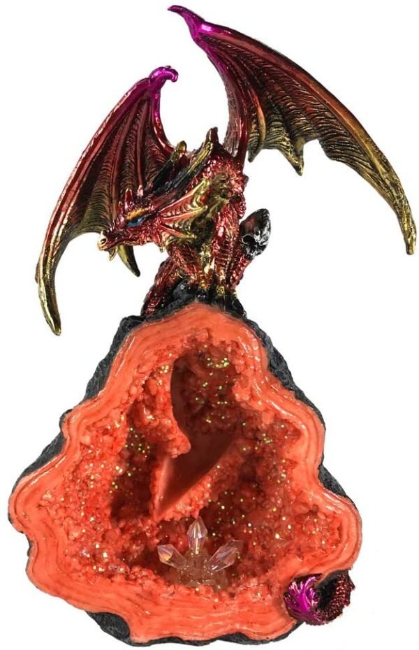 Fantasy Collection~ U5076R0 Crystal Glow Red Dragon on Orange Geode Backflow Incense Cone Burner, Polyresin, One Size
