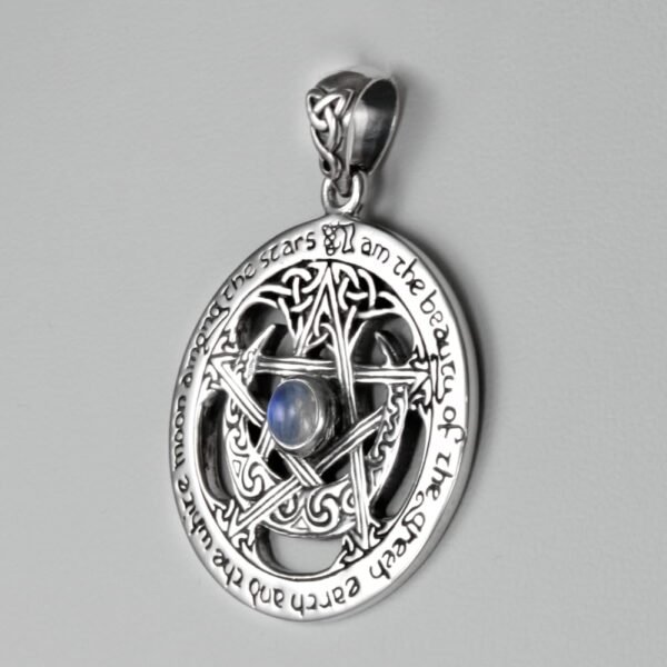 Sterling Silver Large Moon Goddess Wiccan Pentacle Pendant Natural Rainbow Moonstone; 1.25 Inch Diameter