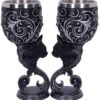 Dark Collection~Hex Twin Cat Heart Set of Two Goblets, Resin w/Stainless Steel Insert, Black and Silver, 18.5cm