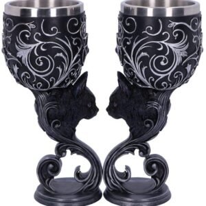 Wiccan Collection~Hex Twin Cat Heart Set of Two Goblets, Resin w/Stainless Steel Insert, Black and Silver, 18.5cm