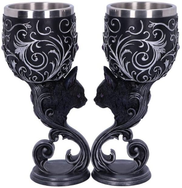 Wiccan Collection~Hex Twin Cat Heart Set of Two Goblets, Resin w/Stainless Steel Insert, Black and Silver, 18.5cm