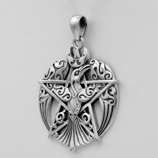 Sterling Silver Large Crescent Raven Pentacle Pentagram Pendant; 1.25 Inch Diameter