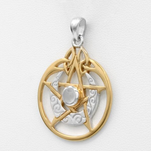 Sterling Silver 14 Carat Gold Plated Crescent Moon Pendant Pentacle with Natural White Moonstone