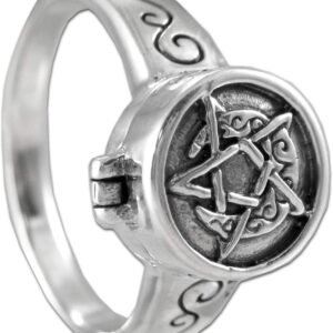 Sterling Silver Crescent Moon Pentacle Pentagram Poison Locket Ring (Size 5-12)