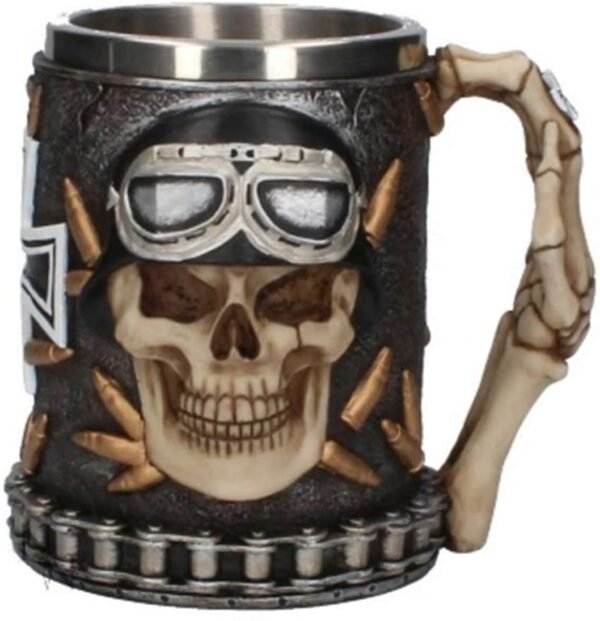 Mythology Collection~ Iron Cross Skull Tankard 14cm, Resin w/Stainless Steel Insert, Black