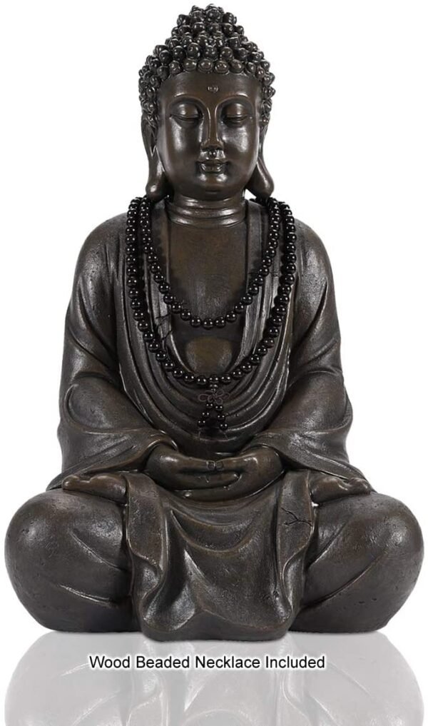 Magic  Collection~LIMEIDE Meditating Zen Buddha Statue Figurine Sitting Sculpture Decoration, Art Decoration with Natural Wood Beaded Necklace, Polyresin, Antique Bronze Look(17 Inch)
