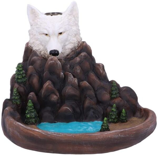 Animal Collection~ Wild Ridge Wolf and Mountain Pool Backflow Incense Cone Burner, Polyresin, Brown, 16.7cm