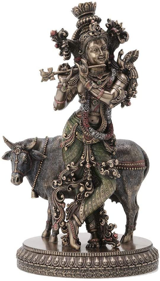 Magic  Collection~10.5 Inch Hindu God Krishna and The Holy Cow Antique Bronze Finish Sculpture Figurine