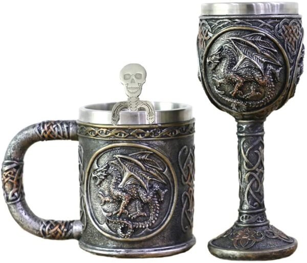 Magicun N.Giftware~Dragon Skull Mug Goblet Spoon Set of 3 Stainless Steel - Steampunk Beer Stein Tankard Decor Gift or Coffee Mug & Wine Chalice Christmas, Anniversaries, Mother’s & Father’s Days