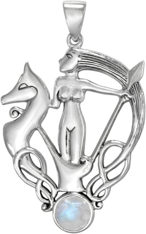 Sterling Silver Celtic Knot Morrigan Irish Goddess Pendant with Natural Rainbow Moonstone