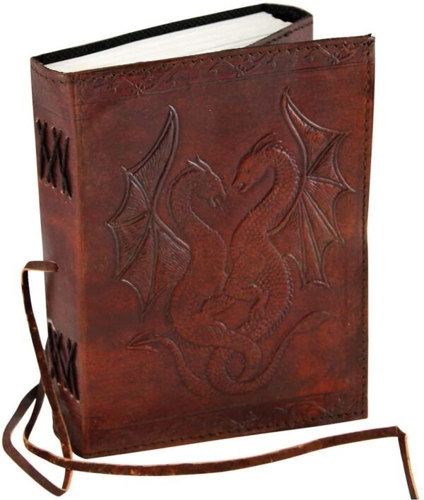 Witchcraft~DOUBLE DRAGON Blank Page BOOK Handcrafted Leather Writing Unlined 5 x 7 JOURNAL (Brown)