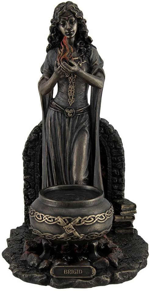 Magicun  Collection~Resin Statues Brigid Goddess of Hearth & Home Standing Holding Sacred Flame Statue 7 X 9.5 X 5.5 Inches Bronze