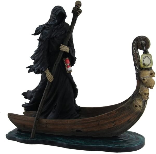 Magicun  Collection~Resin Statues Charon Ferryman Of The Dead Propelling Boat Statue W/Led Lantern 10 X 10 X 4 Inches Black
