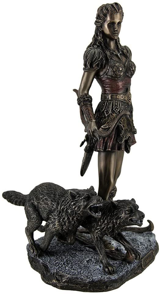 Magic  Collection~Resin Statues Skadi Norse Giantess Ski Goddess Of Winter And Mountains With Wolves Statue 8 X 10.5 X 7 Inches Bronze