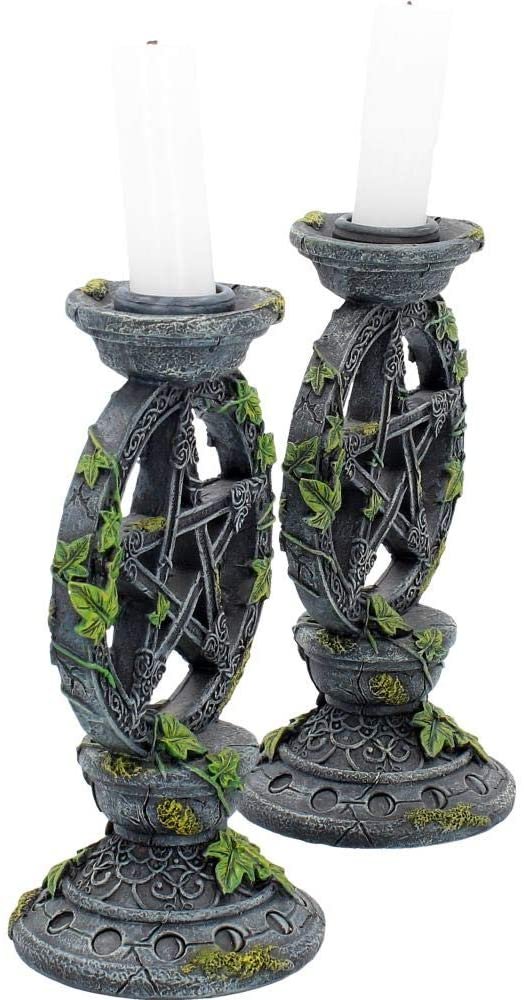 Wiccan Collection~Wiccan Pentagram Candlesticks Set of Two Candle Holder 15cm Black, Resin
