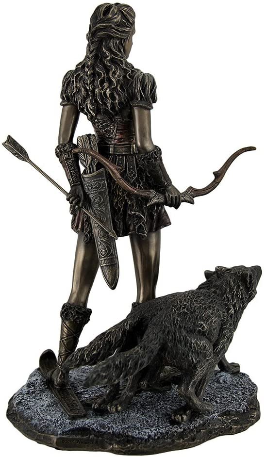 Magic  Collection~Resin Statues Skadi Norse Giantess Ski Goddess Of Winter And Mountains With Wolves Statue 8 X 10.5 X 7 Inches Bronze